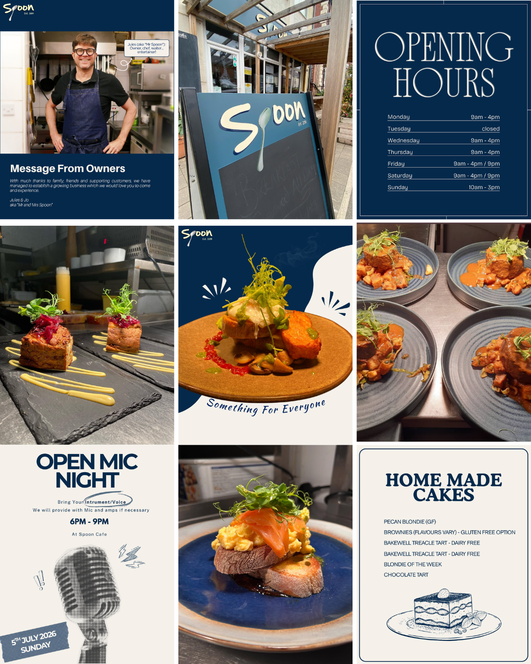 Spoon's Instagram grid, after the Chiragco redesign — one consistent navy and cream brand system
